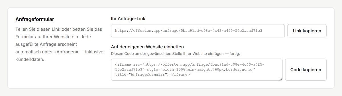 Anfrage-Link und Einbett-Code in den Einstellungen von Offerten.app