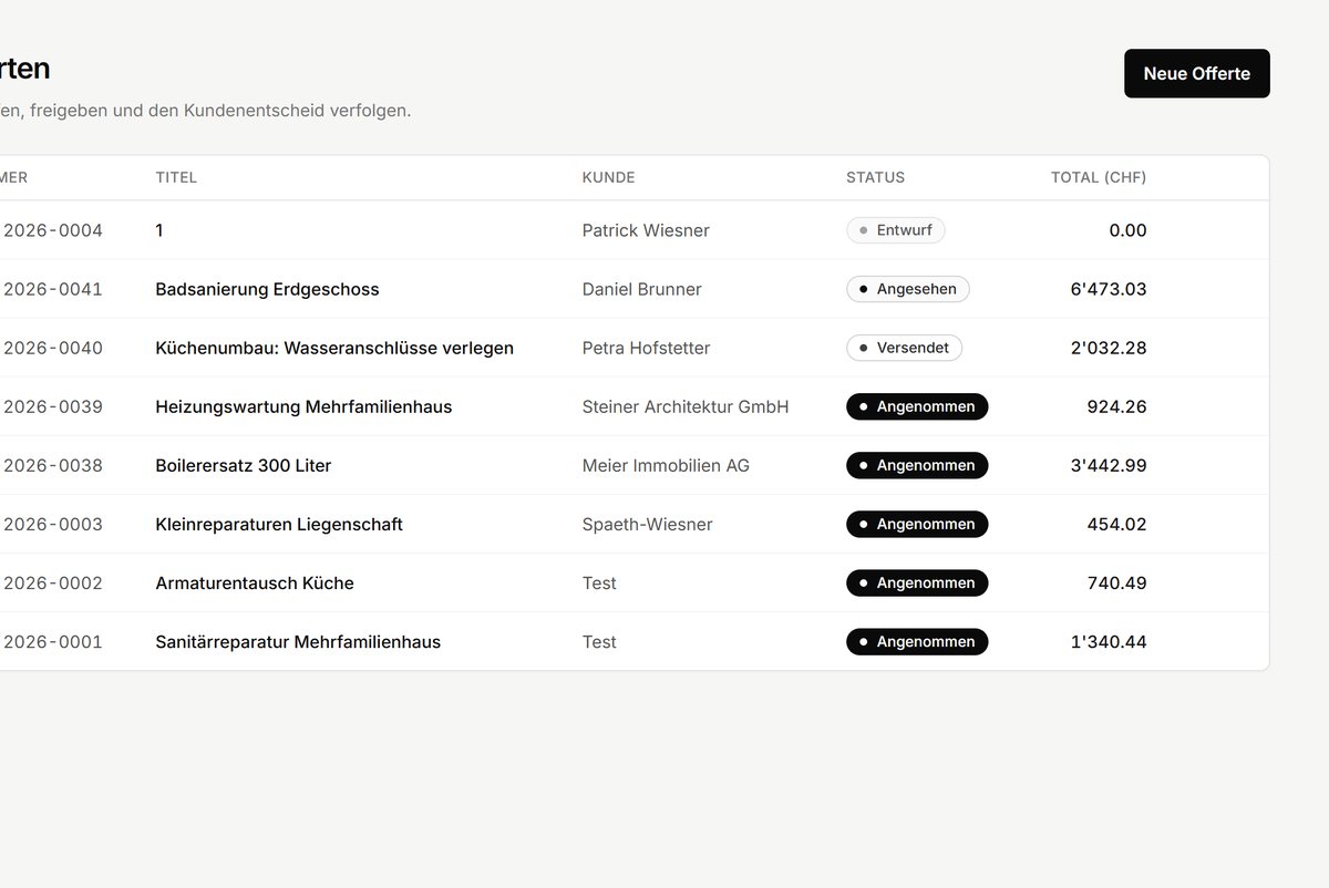 Offertenliste in Offerten.app mit Status und Beträgen