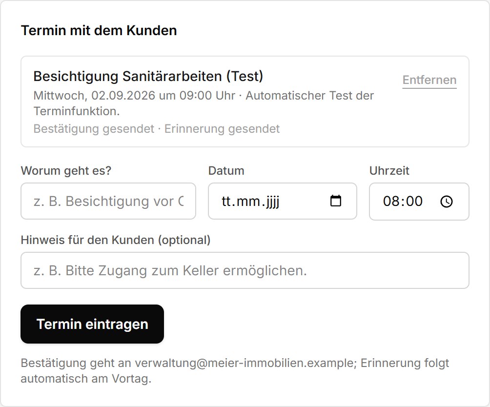 Termin mit dem Kunden auf der Offerte eintragen — Bestätigung und Erinnerung gehen automatisch raus