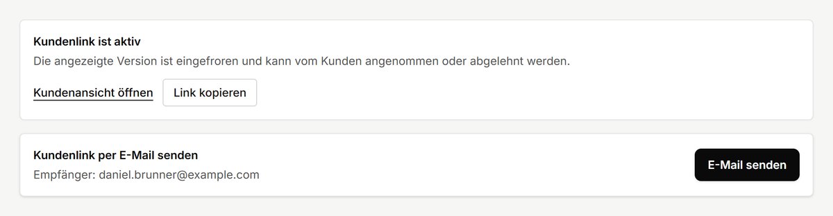 Aktiver Kundenlink und E-Mail-Versand einer Offerte in Offerten.app